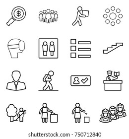 thin line icon set : dollar magnifier, team, courier, round around, virtual mask, wc, list, stairs, client, tourist, check in, inspector, garden cleaning, garbage bin, outsource