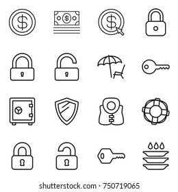 thin line icon set : dollar, money, arrow, lock, unlock, lounger, key, safe, shield, life vest, lifebuoy, locked, unlocked, plate washing