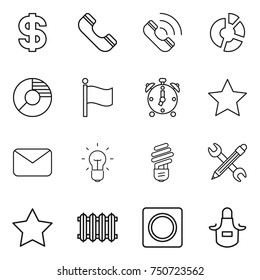 thin line icon set : dollar, phone, call, circle diagram, flag, alarm clock, star, mail, bulb, pencil wrench, radiator, ring button, apron