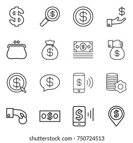 thin line icon set : dollar, magnifier, investment, purse, money bag, gift, arrow, message, phone pay, virtual mining, hand coin, mobile, pin