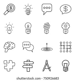 thin line icon set : dollar magnifier, bulb, message, money, brain, discussion, target, chip, puzzle, singlepost, draw compass