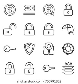 thin line icon set : dollar, money, arrow, lock, unlock, lounger, key, shield, life vest, lifebuoy, locked, unlocked, plate washing