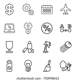 thin line icon set : dollar, gear, calendar, plane, notebook, bulb brain, percent, route a to b, fragile, passenger, palm, jellyfish, do not distrub, broom, garden cleaning