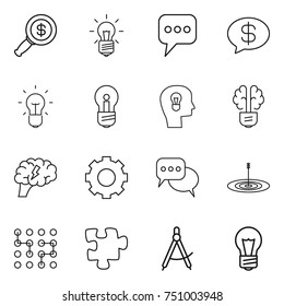 thin line icon set : dollar magnifier, bulb, message, money, head, brain, gear, discussion, target, chip, puzzle, draw compass