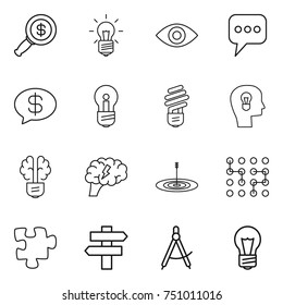 thin line icon set : dollar magnifier, bulb, eye, message, money, head, brain, target, chip, puzzle, singlepost, draw compass