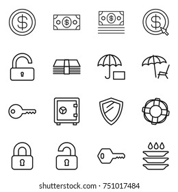 thin line icon set : dollar, money, arrow, unlock, insurance, lounger, key, safe, shield, lifebuoy, locked, unlocked, plate washing