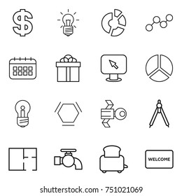 thin line icon set : dollar, bulb, circle diagram, graph, calendar, gift, monitor arrow, hex molecule, satellite, drawing compasses, plan, water tap, toaster, welcome mat