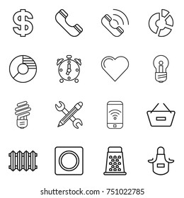 thin line icon set : dollar, phone, call, circle diagram, alarm clock, heart, bulb, pencil wrench, wireless, remove from basket, radiator, ring button, grater, apron