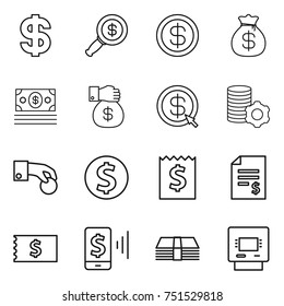 thin line icon set : dollar, magnifier, money bag, gift, arrow, virtual mining, hand coin, receipt, account balance, mobile pay, atm