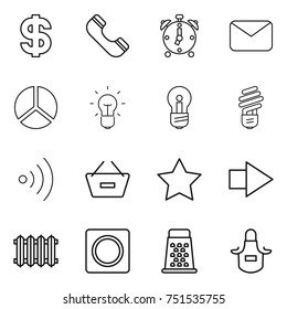 thin line icon set : dollar, phone, alarm clock, mail, diagram, bulb, wireless, remove from basket, star, right arrow, radiator, ring button, grater, apron