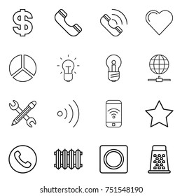 thin line icon set : dollar, phone, call, heart, diagram, bulb, globe connect, pencil wrench, wireless, star, radiator, ring button, grater