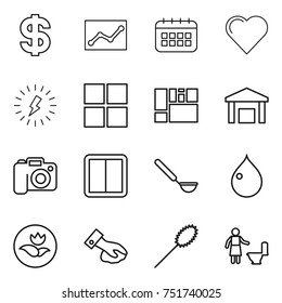 Thin Line Icon Set : Dollar, Statistics, Calendar, Heart, Lightning, Window, Consolidated Cargo, Warehouse, Camera, Power Switch, Ladle, Drop, Ecology, Wiping, Duster, Toilet Cleaning