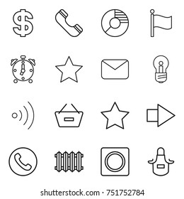 thin line icon set : dollar, phone, circle diagram, flag, alarm clock, star, mail, bulb, wireless, remove from basket, right arrow, radiator, ring button, apron