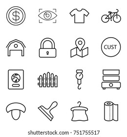 thin line icon set : dollar, eye identity, t shirt, bike, barn, lock, map, customs, passport, fence, handle scales, double boiler, mushroom, scraper, hanger, paper towel