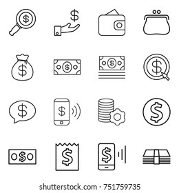 thin line icon set : dollar magnifier, investment, wallet, purse, money bag, arrow, message, phone pay, virtual mining, coin, receipt, mobile