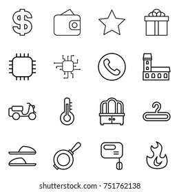 thin line icon set : dollar, wallet, star, gift, chip, phone, mansion, scooter shipping, thermometer, dresser, hanger, slippers, pan, mixer, fire