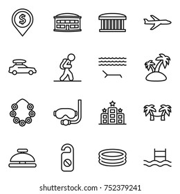 thin line icon set : dollar pin, airport building, plane, car baggage, tourist, lounger, island, hawaiian wreath, diving mask, hotel, palm hammock, service bell, do not distrub, inflatable pool