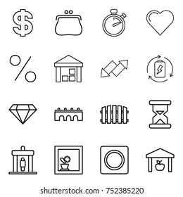 thin line icon set : dollar, purse, stopwatch, heart, percent, warehouse, up down arrow, battery charge, diamond, bridge, fence, sand clock, detector, flower in window, ring button