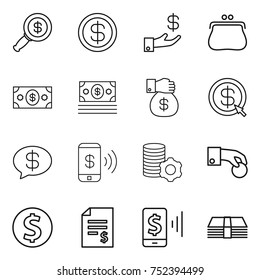 thin line icon set : dollar magnifier, investment, purse, money, gift, arrow, message, phone pay, virtual mining, hand coin, account balance, mobile