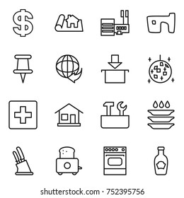 thin line icon set : dollar, project, mall, slum, pin, delivery, package, disco ball, first aid, home, repair tools, plate washing, knife holder, toaster, oven, ketchup