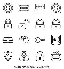thin line icon set : dollar, money, arrow, lock, unlock, lounger, key, safe, shield, life vest, unlocked, plate washing