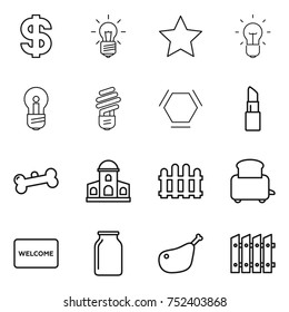thin line icon set : dollar, bulb, star, hex molecule, lipstick, bone, mansion, fence, toaster, welcome mat, bank, chicken leg