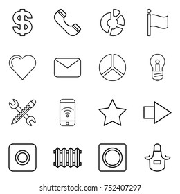 thin line icon set : dollar, phone, circle diagram, flag, heart, mail, bulb, pencil wrench, wireless, star, right arrow, ring button, radiator, apron