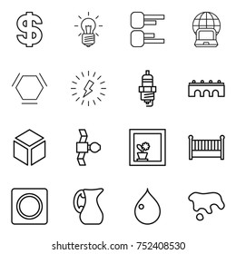 thin line icon set : dollar, bulb, diagram, notebook globe, hex molecule, lightning, spark plug, bridge, 3d, satellite, flower in window, crib, ring button, jug, drop, spot