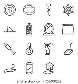 thin line icon set : dollar, smart bracelet, do not hook sign, handwheel, shark flipper, remote control, mirror, curtain, blender, thermometer, sprayer, scoop, hand and drop, cleanser powder