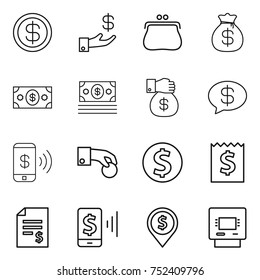 thin line icon set : dollar, investment, purse, money bag, gift, message, phone pay, hand coin, receipt, account balance, mobile, pin, atm