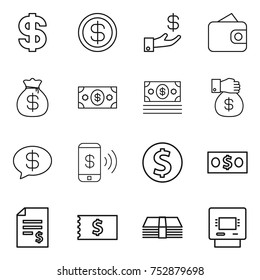 thin line icon set : dollar, investment, wallet, money bag, gift, message, phone pay, coin, account balance, receipt, atm