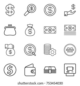 thin line icon set : dollar, magnifier, investment, purse, money bag, gift, arrow, virtual mining, crypto currency, coin, wallet, atm