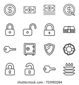 thin line icon set : dollar, money, arrow, lock, unlock, key, safe, shield, lifebuoy, locked, unlocked, plate washing