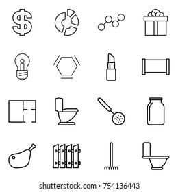 thin line icon set : dollar, circle diagram, graph, gift, bulb, hex molecule, lipstick, fence, plan, toilet, skimmer, bank, chicken leg, rake