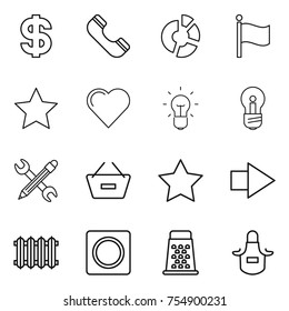 thin line icon set : dollar, phone, circle diagram, flag, star, heart, bulb, pencil wrench, remove from basket, right arrow, radiator, ring button, grater, apron