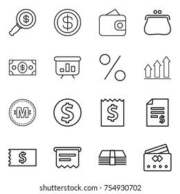 thin line icon set : dollar magnifier, wallet, purse, money, presentation, percent, graph up, crypto currency, coin, receipt, account balance, atm, credit card