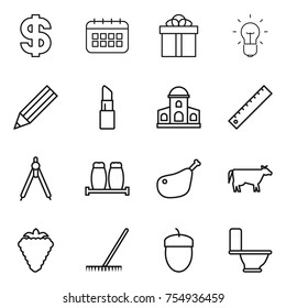 thin line icon set : dollar, calendar, gift, bulb, pencil, lipstick, mansion, ruler, drawing compasses, salt pepper, chicken leg, cow, berry, rake, acorn, toilet
