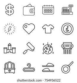 thin line icon set : dollar, wallet, calendar, cashbox, lightning, heart, t shirt, info, castle, repair, disco ball, antique column, dresser, hanger, slippers, pan