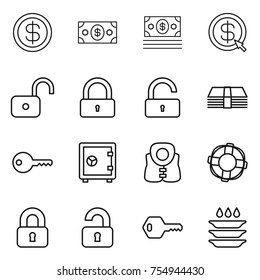 thin line icon set : dollar, money, arrow, unlock, lock, key, safe, life vest, lifebuoy, locked, unlocked, plate washing