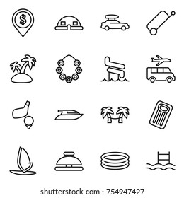 thin line icon set : dollar pin, dome house, car baggage, suitcase, island, hawaiian wreath, aquapark, transfer, golf, yacht, palm hammock, inflatable mattress, windsurfing, service bell, pool