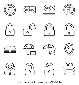 thin line icon set : dollar, money, arrow, lock, unlock, insurance, lounger, shield, life vest, locked, unlocked, plate washing