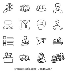 Thin line icon set : dollar magnifier, team, group, woman, structure, fingerprint, virtual mask, car pointer, list, client, deltaplane, baggage checking, inspector, home call cleaning, cleaner