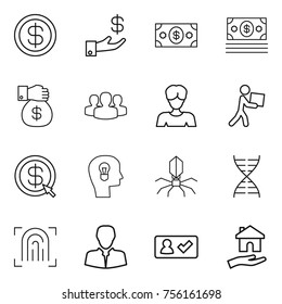 Thin line icon set : dollar, investment, money, gift, group, woman, courier, arrow, bulb head, virus, dna, fingerprint, client, check in, housing