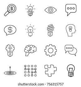 Thin line icon set : dollar magnifier, bulb, eye, message, money, head, brain, gear, discussion, target, chip, puzzle