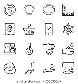 Thin line icon set : dollar, hex molecule, smart bracelet, mansion, tax, basket, mobile checking, handwheel, coffee maker, thermometer, sow, hand drop, soap, scoop, and, dryer