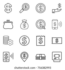 Thin line icon set : dollar, magnifier, investment, purse, money bag, arrow, phone pay, virtual mining, coin, receipt, mobile, pin, atm