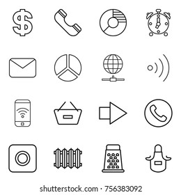 Thin line icon set : dollar, phone, circle diagram, alarm clock, mail, globe connect, wireless, remove from basket, right arrow, ring button, radiator, grater, apron