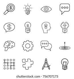 thin line icon set : dollar magnifier, bulb, eye, message, money, head, brain, gear, discussion, target, chip, puzzle, draw compass