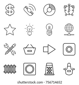 thin line icon set : dollar, call, circle diagram, alarm clock, star, bulb, globe connect, pencil wrench, remove from basket, right arrow, ring button, radiator, grater, apron