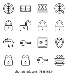 Thin line icon set : dollar, money, arrow, lock, unlock, lounger, key, safe, shield, locked, unlocked, plate washing